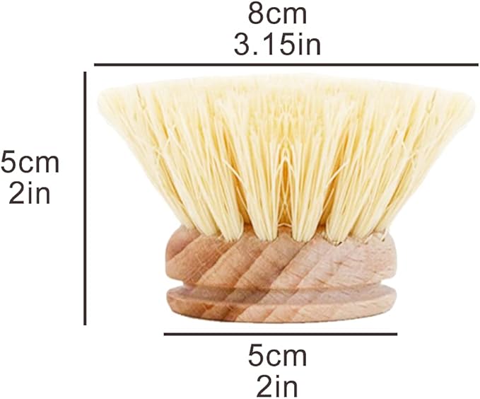 Classic Dish Brush Replacement Head 3 Packs, Natural Bristle Tampico Fiber for All Purpose Cleaning, Kitchen Scrubber