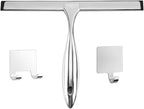 10-Inch All-Purpose Stainless Steel Shower Squeegee — Bathroom Glass Door and Mirror Cleaner with 2 Adhesive Hooks, Ideal for Windows, Tiles, Walls, and Cars, Silver Finish
