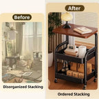 3 Tier Metal Rolling Utility Cart Organizer with Walnut Table Top, Stable and Sturdy Rolling Storage Carts with 2 Lockable Wheels for Kitchen，Bathroom，Snacks，Coffee，Craft，Makeup，Baby Essentials