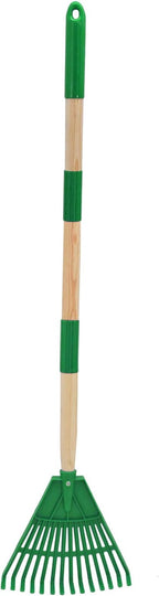 Kids Leaf Rake - 3-Section Adjustable Handle, Lightweight, Wood & Plastic, Small Garden Tool for Children (Green)