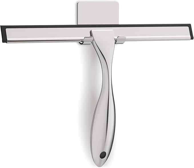 All-Purpose Stainless Steel Shower Squeegee for Glass Doors with Adhesive Hooks, Squeegee for Shower Glass, Bathroom Household Cleaner Tool for Window Mirror Tile Wall Car, 10 Inch Silver