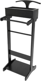 TFCFL Wooden Suit Rack with Drawer & Trouser Holder, Multi-functional Coat Stand for Hats/Scarves/Belts, Space-Saving Standing Suit Valet Stand for Home/Office, 22lbs Load Capacity (Black)
