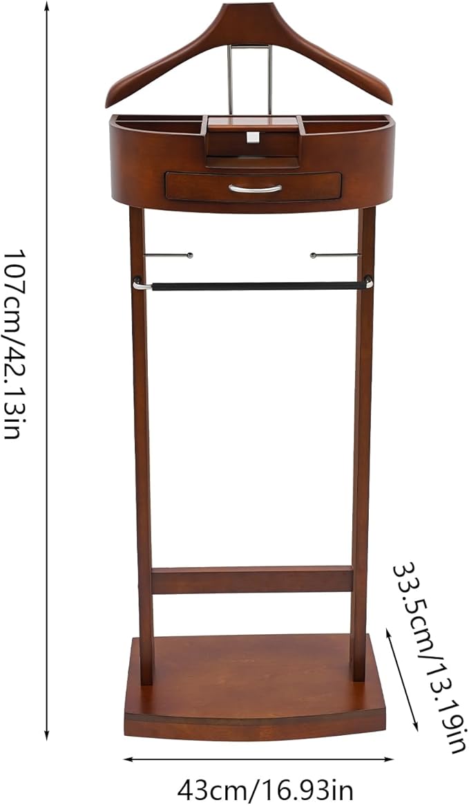 Valet Stand with Drawer and Top Tray, Wood Mens Suit Valet Stand with Wood Base, Freestanding Clothes Valet Stand with Hanger, Storage Organizer for Entryway Office Living Room (C, Walnut Color)