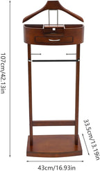 Suit Valet Stand Wood Valet Stand for Man, Wooden Clothing Valet Stand with Contour Hanger, Tray, Trouser Bar, Tie Bar and Base, Mens Valet Stand for Entryway Office Living Room (Brown)
