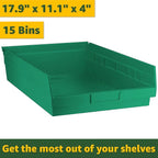18" x 36" x 74" Garage Tool Storage Rack with 15 Plastic Bins - Heavy-Duty Commercial Metal Wire Utility Shelf, Green