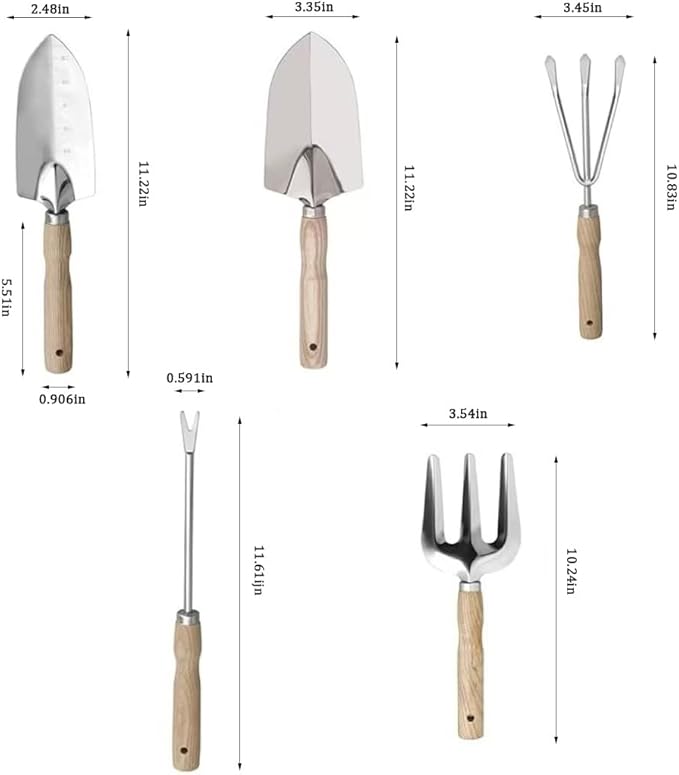 Garden Tool Set, 5 Piece Stainless Steel Gardening Tools with Wooden Handles Hand Tools with Transplanting Hand Shovel, Rake and Root Picker Ideal for Digging and Planting.