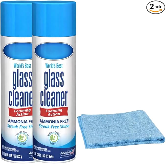Glass Cleaner Foam - Foaming Action & Spray, 23 oz - 2 Pack - Clean Fresh Scent - Bundled With 1 Microfiber Cloth towel