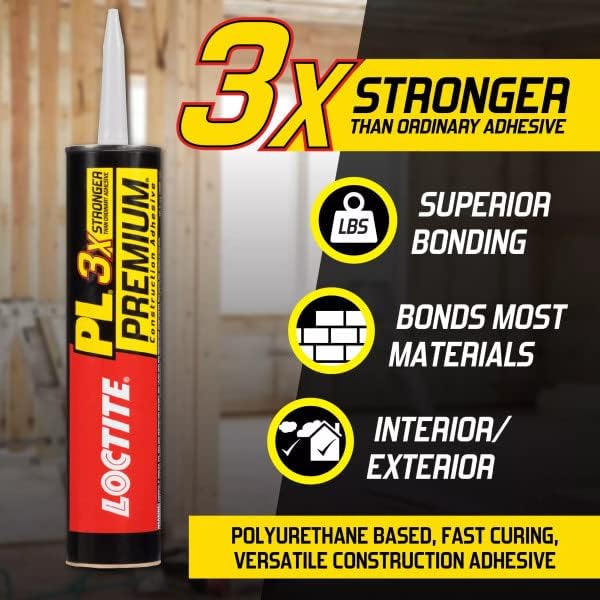 Loctite PL Premium Polyurethane Construction Adhesive, Versatile Construction Glue for Wood, Concrete, Stone, Metal & More- 28 fl oz, Cartridge, 12 Pack