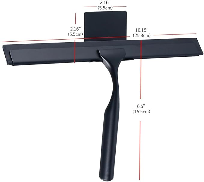 J&V TEXTILES All-Purpose Stainless Steel Shower Squeegee for Glass Doors with Adhesive Hooks, Squeegee for Shower Glass, Bathroom Household Cleaner Tool, 10 Inch (Black)