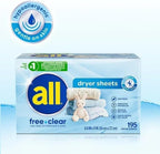 All Free Clear Dryer Sheets for Sensitive Skin, Fabric Softener Sheets, 80 Count, 2 Pack (160 Total)