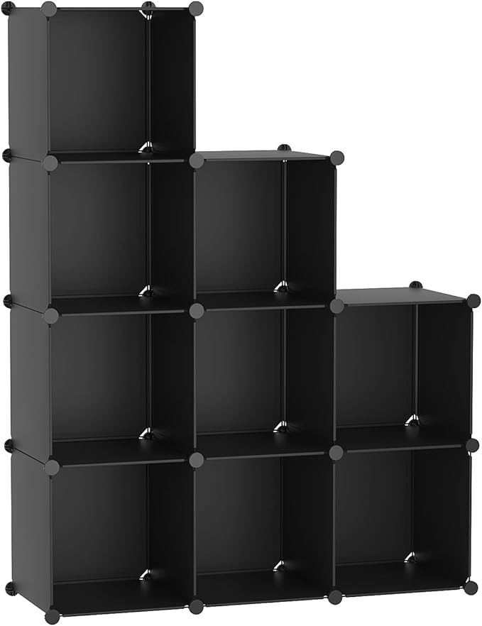 C&AHOME Cube Storage, 9-Cube Bookshelf, Plastic Closet Cabinet Organizer, DIY Stackable Bookcase, Modular Shelving Units Ideal for Home, Office, Kids Room, 36.6" L x 12.4" W x 48.4" H Black SHS3009A