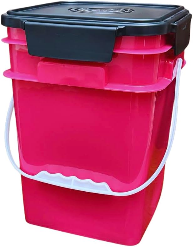 House Naturals 4 Gallon Square Food Grade Bucket Pail with Plastic Handles and Lid (Pack of 3) Made in USA containers (Magenta - Black lids)