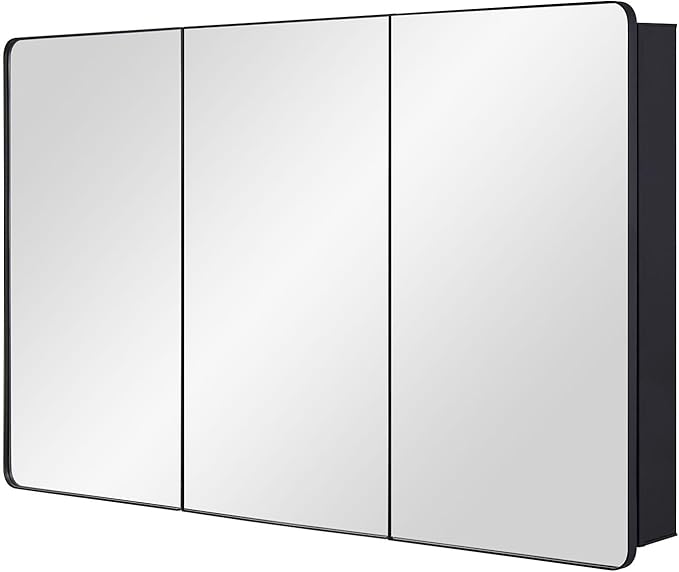 Bathroom Mirror Medicine Cabinet with Round Corner Framed Door 48 x 30 inch, Black，Recessed or Surface Mount, with Adjustable Glass Shelves
