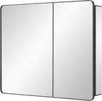 Black Bathroom Mirror Medicine Cabinet with Round Corner Framed Door 30 x 25.6 inch, Recessed or Surface Mount, with Adjustable Glass Shelves
