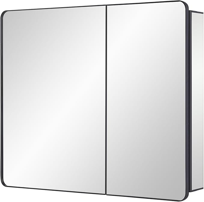 Black Bathroom Mirror Medicine Cabinet with Round Corner Framed Door 30 x 25.6 inch, Recessed or Surface Mount, with Adjustable Glass Shelves