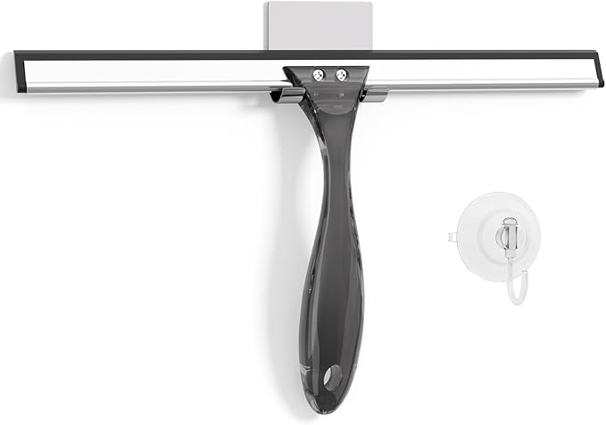 AmazerBath Shower Squeegee for Glass Doors, All-Purpose Squeegee with Suction Hook & Adhesive Hook, Squeegee for Shower Glass, Windows, Mirrors, Tiles and Car Windows - 12 Inches, Clear Black