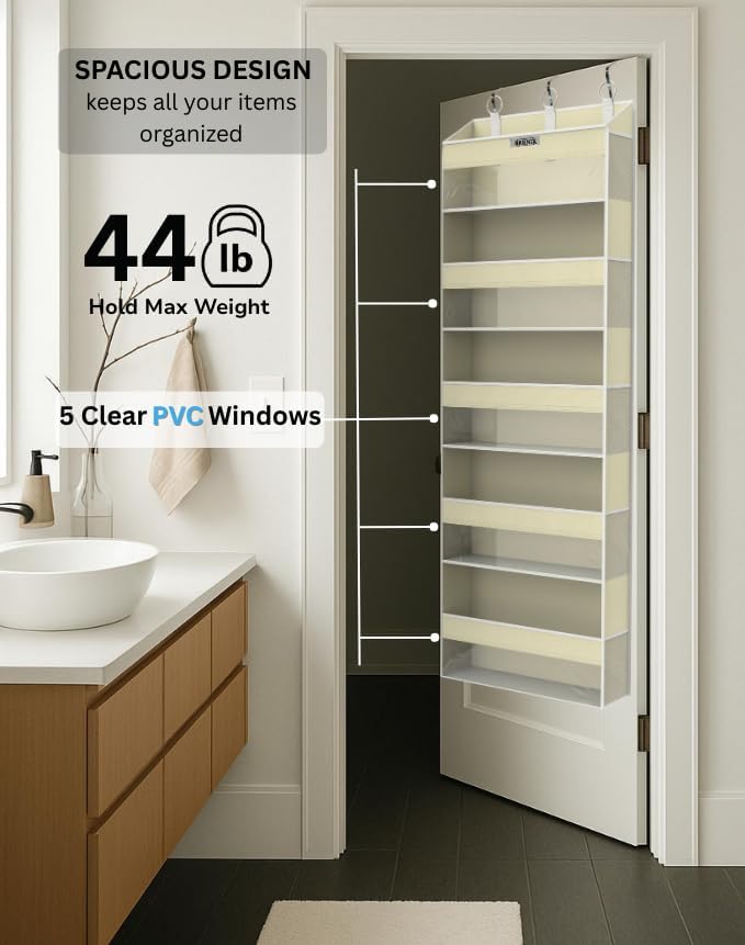 Over the Door Organizer with 5 Large Pockets & 10 Mesh Side Pockets – Durable Hanging Storage for Closet, Bathroom, Bedroom, and Pantry – Space Saving Door Storage with Sturdy Metal Hooks.