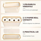 Toilet Paper Storage Basket with Lid for 12 Rolls, Waterproof Oxford Cloth with Bamboo Frame, Free Standing Toilet Paper Holder, Collapsible Bathroom Organizer Bin, Beige (Black)