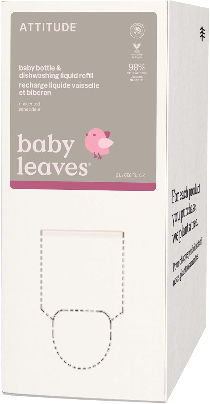 ATTITUDE Baby Dish Soap and Bottle Cleaner, EWG Verified Dishwashing Liquid, No Added Dyes or Fragrances, Tough on Milk Residue and Grease, Vegan, Bulk Refill Unscented, 67.6 Fl Oz