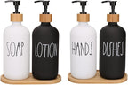 4 Pcs White and Black Hand and Dish Soap and Lotion Dispenser Set with Tray Farmhouse Decor for Bathroom Kitchen Sink