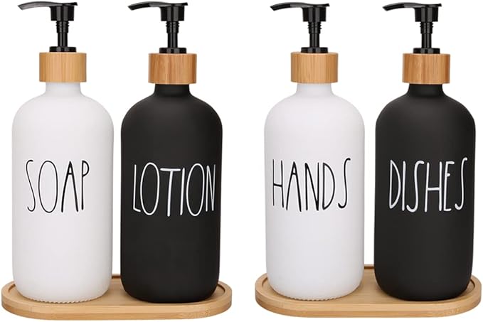 4 Pcs White and Black Hand and Dish Soap and Lotion Dispenser Set with Tray Farmhouse Decor for Bathroom Kitchen Sink