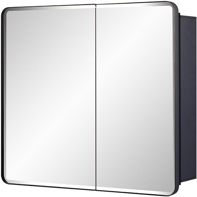 Black Bathroom Medicine Cabinet with Round Corner Framed Door and Beveled Edge Mirror 22 x 20 inch, Recessed or Surface Mount, with Adjustable Glass Shelves