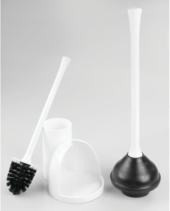 iDesign Una Plastic Toilet Bowl Brush and Plunger Combo Set for Bathroom Cleaning and Storage, White