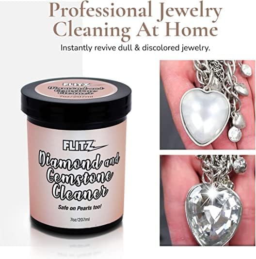 FLITZ Diamond and Gemstone Cleaner Dip Jar - 7oz USA-Made Gold & Sterling Silver Jewelry Cleaner Solution Dip Tool with Tray & Brush - Ring Cleaning Kit to Remove Dirt & Grime on Fine Jewelry