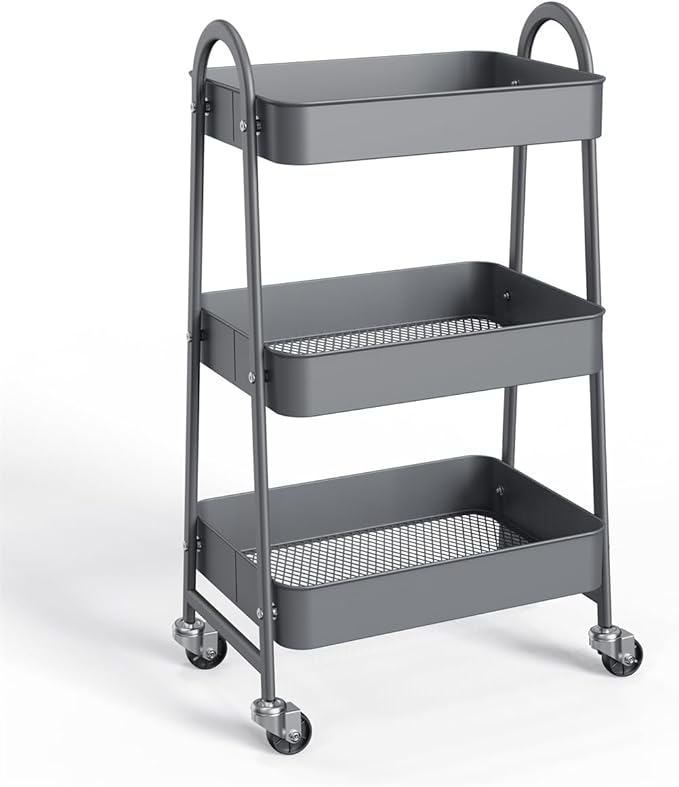 3-Tier Metal Rolling Utility Cart, Small Rolling Cart Kitchen Trolley Bathroom Laundry Room Bar Office Shelves Storage Organizer Shelving Unit with Caster Wheels for Narrow Places, Grey
