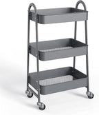 3-Tier Metal Rolling Utility Cart, Small Rolling Cart Kitchen Trolley Bathroom Laundry Room Bar Office Shelves Storage Organizer Shelving Unit with Caster Wheels for Narrow Places, Grey