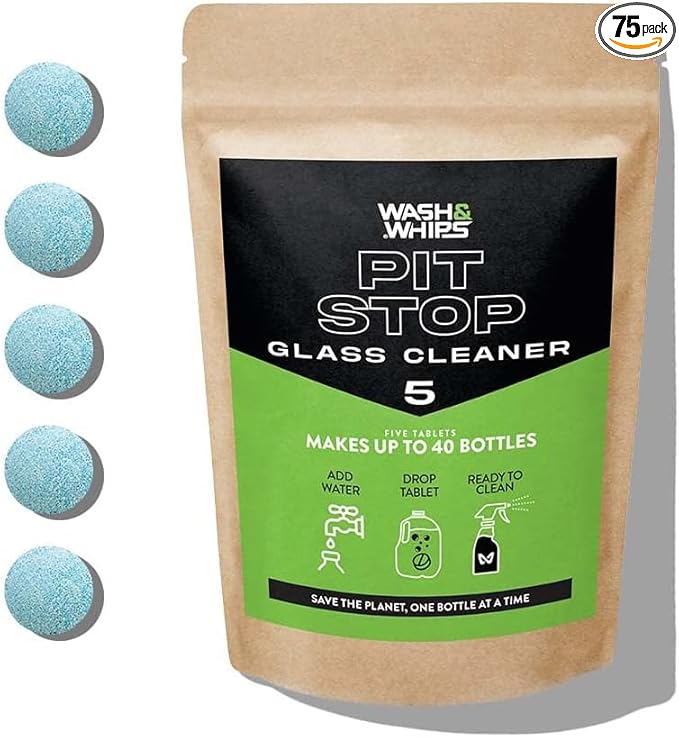 WASH&WHIPS Window/Glass Cleaner Refill Tablets - 75ct (Makes 75 Gal) - Streak-Free, Cleans Glasses, Windows, Windshields - Car, Office, Home & Kitchen