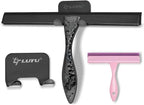 All-Purpose Silicone Shower Squeegee for Shower Glass Door,with 2 Hooks & Pink Mini Squeegee,for Bathroom Glass, Car, Tile Wall, Mirror Cleaning - Easy-Grip Handle 14 Inch Black