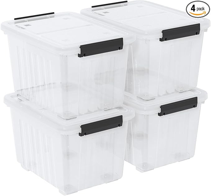30 Quart Storage Boxes with Wheels, 4-Pack Clear Plastic Storage Bins with Lids