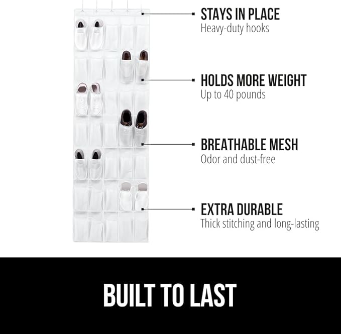 GORILLA GRIP Over the Door Shoe Organizer, 35 Large Breathable Mesh Pockets, Space Saving Hanging Storage Holder, 5 Hook Closet Rack Hanger, Hangs on Closets for Shoes, Accessories 68.5H x 24.5W White