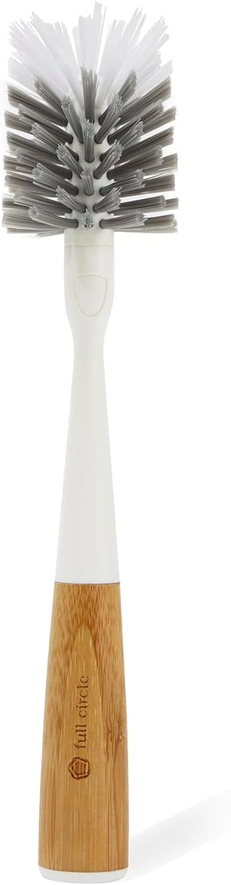 Full Circle Clean Reach Bottle Brush with Replaceable Bristle Brush Head, Bamboo Handle, White