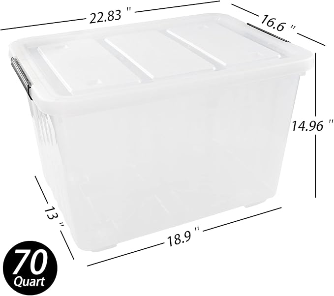 Cand 4 Packs 70 Quart Plastic Storage Box with Wheels, Large Lidded Storage Bins, Clear