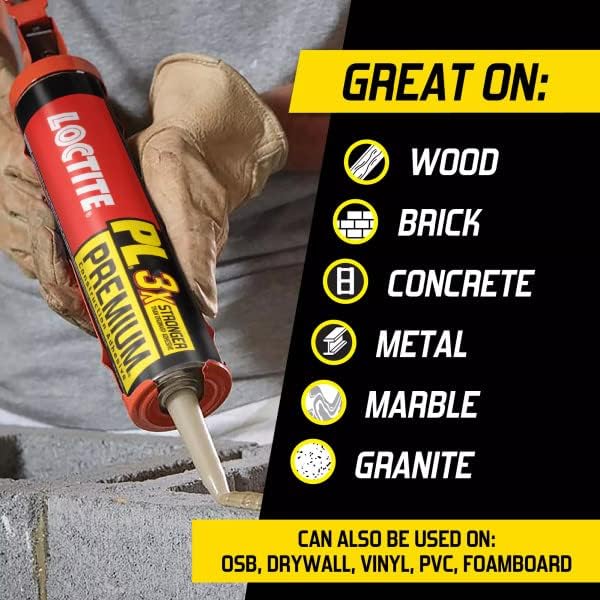 Loctite PL Premium Polyurethane Construction Adhesive, Versatile Construction Glue for Wood, Concrete, Stone, Metal & More- 28 fl oz, Cartridge, 12 Pack