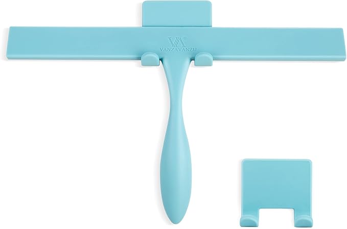 Squeegee for Shower Glass Door, 11-Inch Shower Squeegee for Glass Doors, Bathroom Silicone Squeegees Wiper for Shower with Non-Slip Handle, No-Drilling Silicone Hanging Hook, for Tiles (Blue)