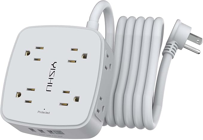 10 Ft Surge Protector Power Strip - 8 Widely Outlets with 4 USB Ports, 3 Side Outlet Extender with 10 Feet Extension Cord, Flat Plug, Wall Mount, Desk USB Charging Station, ETL, Grey