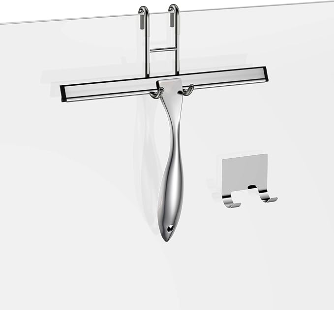 Shower Squeegee and Window Squeegee, Stainless Steel, 100% Streak-Free, Cleaner for Bathroom Showers Glass Doors, Home Mirrors, Car Windows Wiper, Adhesive Holder, Shower Door Hook, 10 Inch, Silver