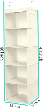 BrilliantJo 5 Shelves Hanging Closet Organizer, 2 Pack Hanging Storage with 6 Side Pockets for Clothes Shoes, 43"x12"x12"(Beige)
