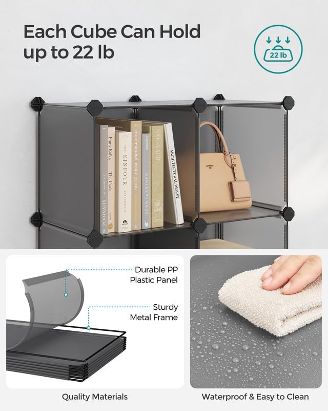 SONGMICS 6 Cube Storage Organizer, Modular Bookshelf, DIY Closet Organizers and Storage, Plastic Stackable Shelves, 11.8 x 11.8 x 11.8 Inch Cubes, with Feet and Rubber Mallet, Gray ULPC06G