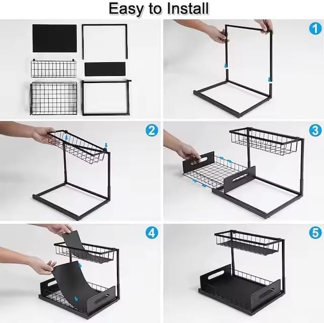 2 Tier Under Sink Storage & Organisation, Under Bathroom Cabinet Storage, Kitchen Sink Organiser Rack, Multi-purpose Under Sink Shelf Organizer (Black)