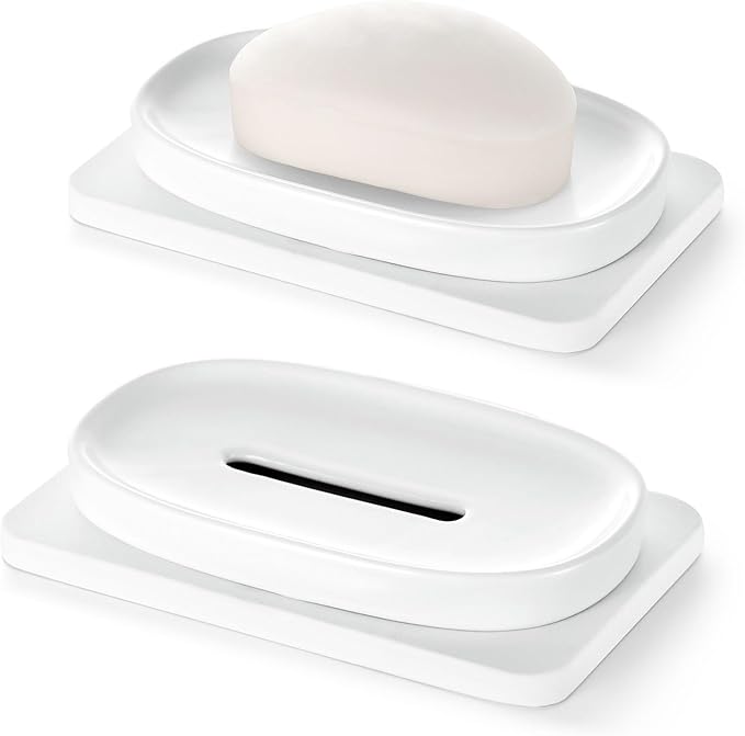 Shinowa Soap Dish (Dual Layer), 4.72 * 2.95'' Ceramic Soap Container and 5.12 * 3.27'' Diatomaceous Earth Tray, Quickly Drain Water and Dry, Dish Soap Holder for Kitchen, Bathroom, Shower