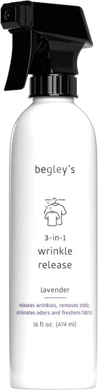 Begley's 3-in-1 Wrinkle Remover, Quick Fix Wrinkle Release, Static Cling Remover, Odor Eliminator and Fabric Refresher Spray - USDA Certified Biobased - Lavender, 16 oz