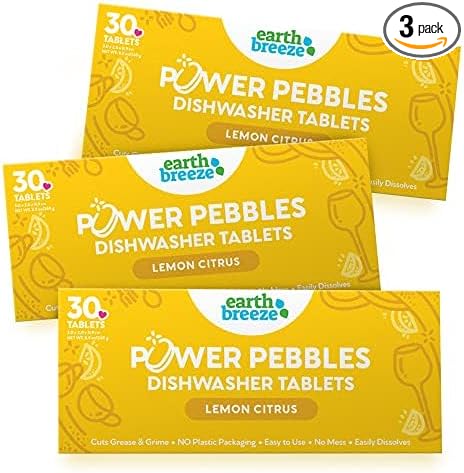 Earth Breeze Power Pebbles Dishwasher Tablets, Tough on Grease, Gentle on Dishes, Lemon Citrus Dish Detergent & Dishwasher Cleaner, Kitchen Cleaning Supplies for Sparkling Results, 90 Tabs (3-Pack)