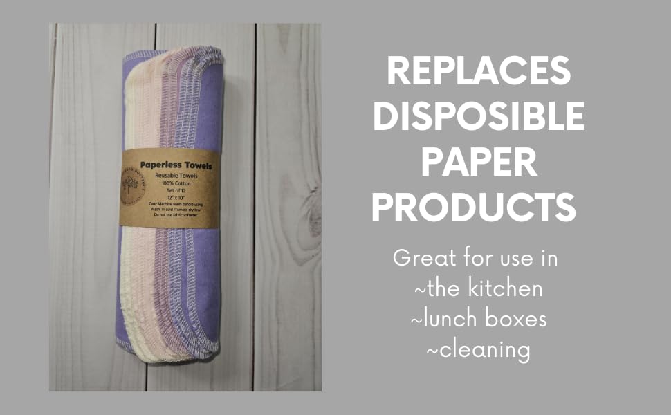 Paperless Towels, 12-12" X 10" Washable Paper Towels, Reusable Paper Towels, 100% Cotton (Lavenders)