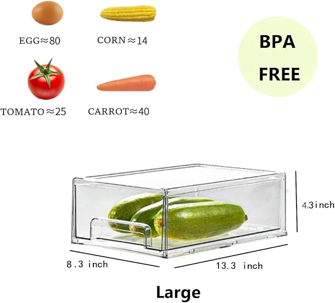MANO 2Pack Clear Fridge Drawers Pull Out Stackable Refrigerator Drawer Organizer Bins Pantry Storage Box Plastic Food Containers for Kitchen Bathroom Office Closet (Large)
