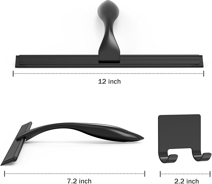 All-Purpose Stainless Steel Shower Squeegee for Shower Glass Door with Adhesive Hook, Bathroom Cleaner Tool Household Window Mirror Squeegee for Glass Doors, Cleaning Tile Wall, Car, 12 inch, Black