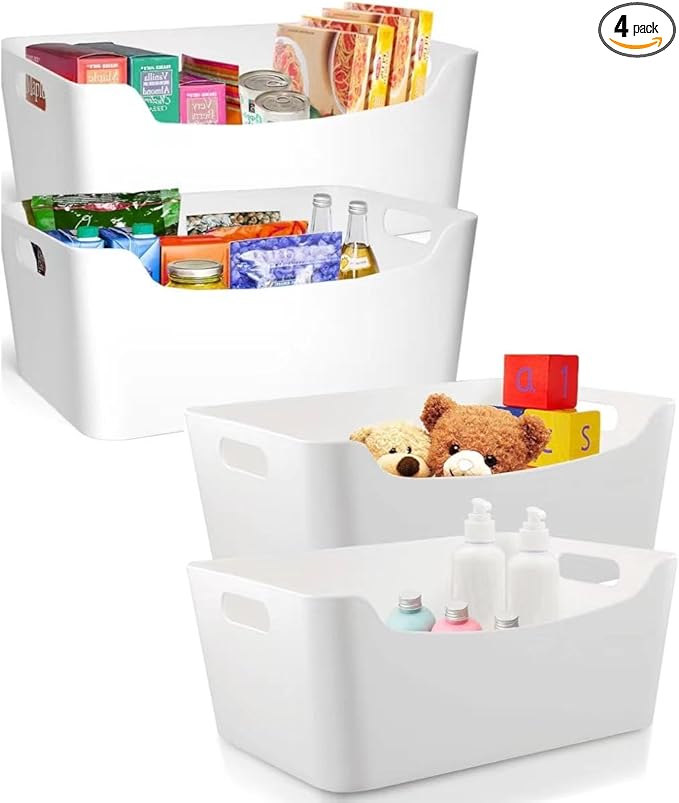 White large Storage Bins with 4 Pack for Organization for Pantry Bathroom Shelves Closet Cabinets, Stackable Plastic Storage Basket with Lid, Lidded Organizing Bin Containers for Shelf and Crafts